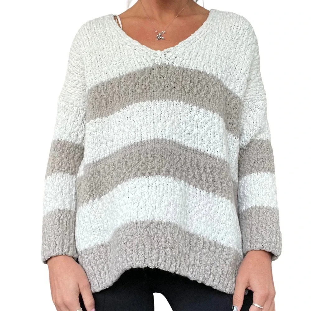 Altar'd State Womens M Cream Taupe Striped Popcorn Knit V-Neck Sweater Boho Cozy